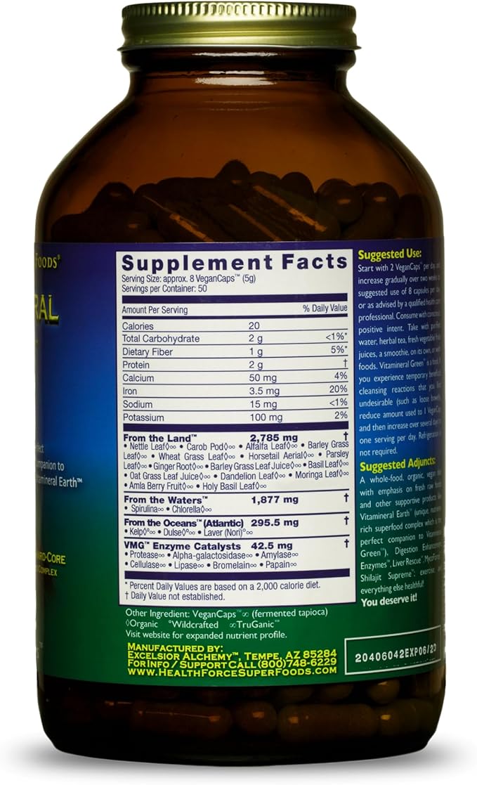 HEALTHFORCE SUPERFOODS Vitamineral Green - Mineral Supplement for Immune &amp Thyroid Support - Green Powder Supplement with Ingredients from The Land - Gluten-Free &amp Vegan - 400 Capsules