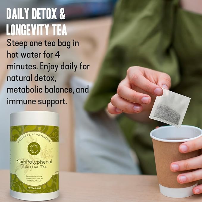 High‑Polyphenol Ashitaba Tea Blend – Demeter Certified Biodynamic U.S. Organic AshitabaSencha Green Tea with Elderberry &amp Olive Leaf – 20 Compostable Bags – Perfect for Detox Metabolic Support