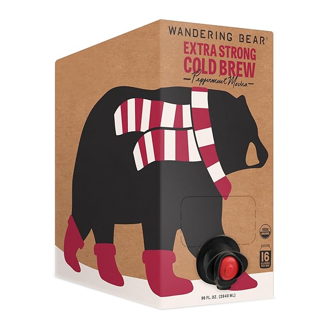 Wandering Bear Organic Peppermint Mocha Cold Brew Coffee On Tap Iced Coffee - Extra Strong Smooth Unsweetened Shelf-Stable Ready to Drink Peppermint Cold Brew - 16 Servings of 6fl.oz - 96fl.oz