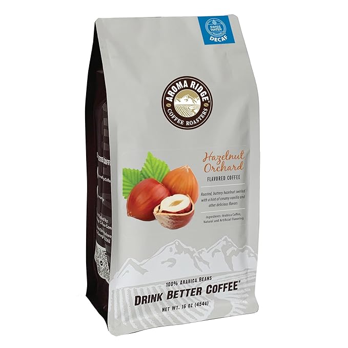 Aroma Ridge Hazelnut Decaf Coffee Swiss Water Process Chemical-Free 100% Arabica Beans Medium Roast 16 Ounces Whole Bean