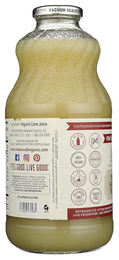 Lakewood Organic Pure Lime Juice Gluten Free Non GMO Preservative Free 32 Ounce (Pack of 6)