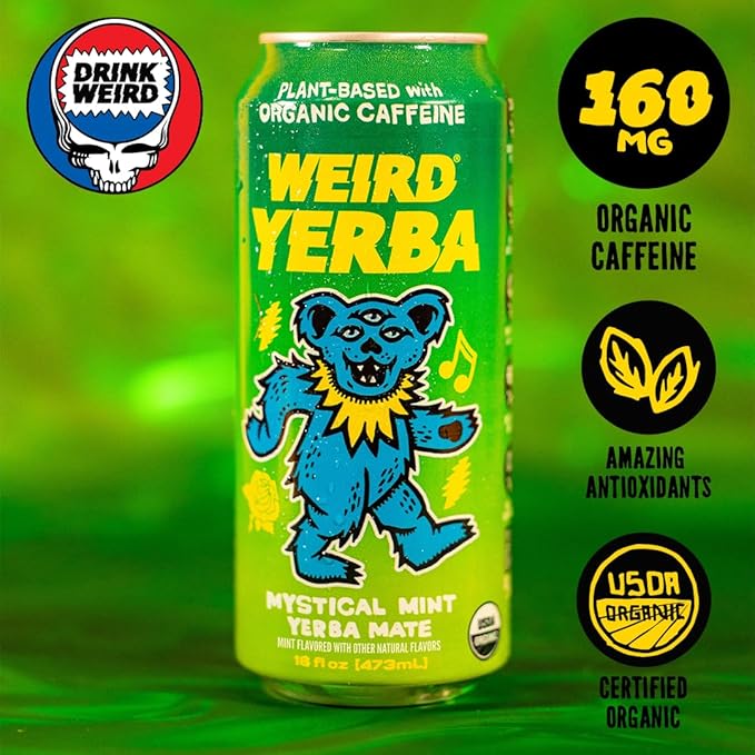 Drink Weird Organic Mystical Mint Yerba Mate – 16oz Cans 160mg Organic Caffeine Pack of 12 – Grateful Dead Collab Clean Energy Drink Alternative