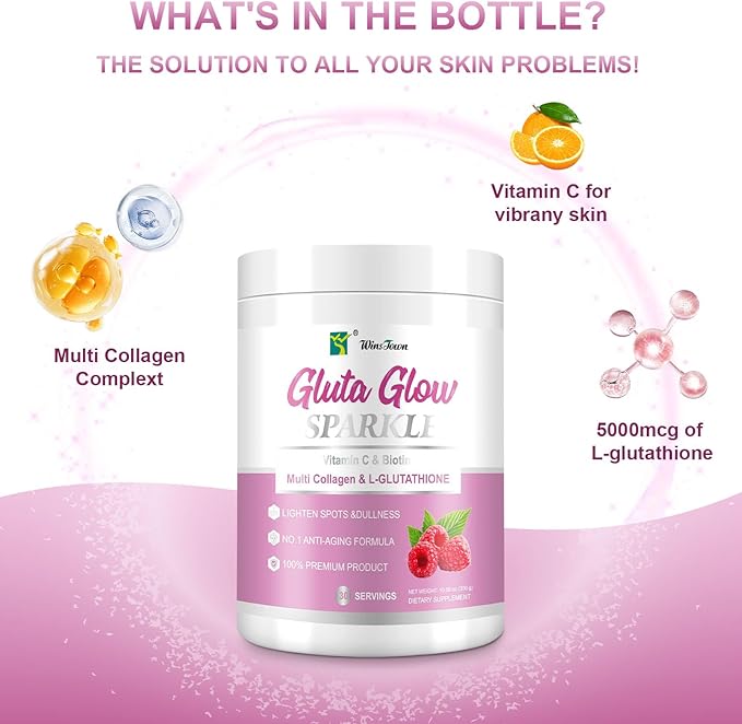 Multi Collagen&ampL-Glutathione Powder–Hydrolyzed Peptides with Vitamin C&ampBiotin–Supports Skin Brightness Hydration&ampNatural Glow–30 Servings