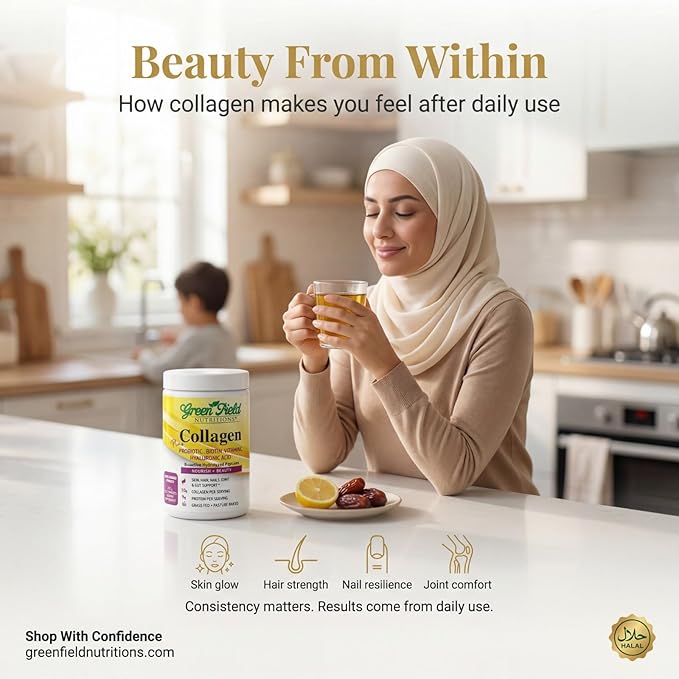Greenfield Nutritions Halal Collagen Peptides Powder - 9g Halal Protein Probiotic Biotin Hyaluronic Acid &amp Vitamin C - 270g Halal Collagen for Women &amp Men - Supports Hair Skin Nails Joint