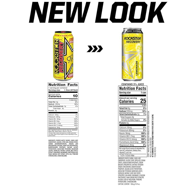 Rockstar Recovery Lemonade Energy Drink Caffeine and Electrolytes 16oz (24 Pack) (Packaging May Vary)