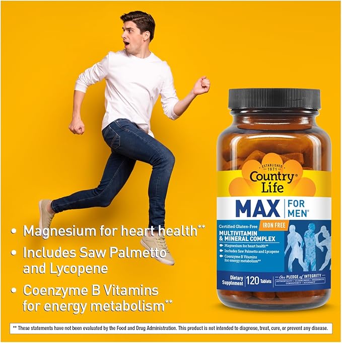 Country Life Max for Men Multivitamin: Iron-Free Gluten Free Saw Palmetto Lycopene Daily Support for Energy Heart &amp Men's Health120 Vegetarian Tablets