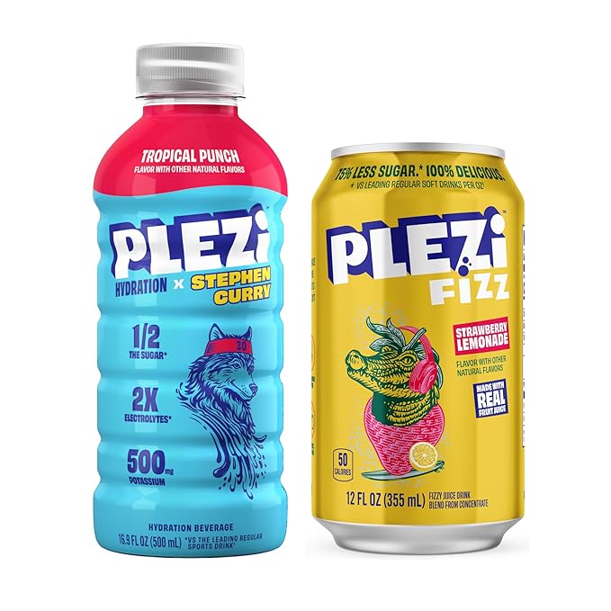 PLEZi Hydration &amp Sparkling Juice Drink Bundle – Tropical Punch x Stephen Curry &amp FiZZ Cherry Limeade – No Added Sugar Low Sugar 2X Electrolytes &amp Fiber – 16.9 Fl Oz + 12 Fl Oz (24 Pack