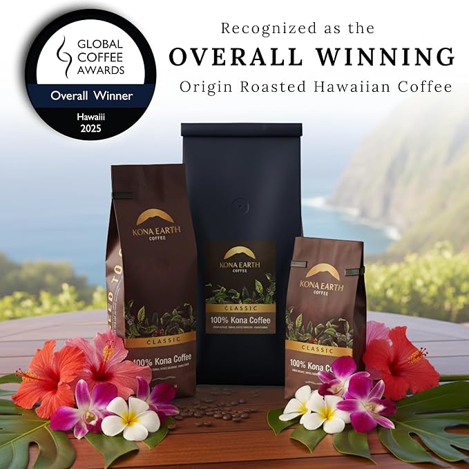 KONA EARTH 100% Kona Premium Coffee Medium Dark Roast Whole Bean 1 lb (16oz) Farm-Direct Authentic Hawaiian Kona Coffee beans from Hawaii’s Big Island Micro-Batch-Roasted