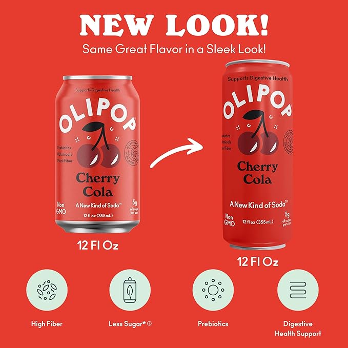 OLIPOP Prebiotic Soda Pop Cherry Cola Pantry Pack Packed with Prebiotics Fiber and Botanicals Gluten Free GMO Free 12oz Skinny (12-Cans)