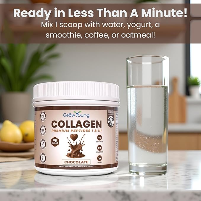 Grow Young Fitness Chocolate Collagen Protein - Promotes Skin Bones Joints Weight Loss Sugar Free (11 oz 20 Servings)