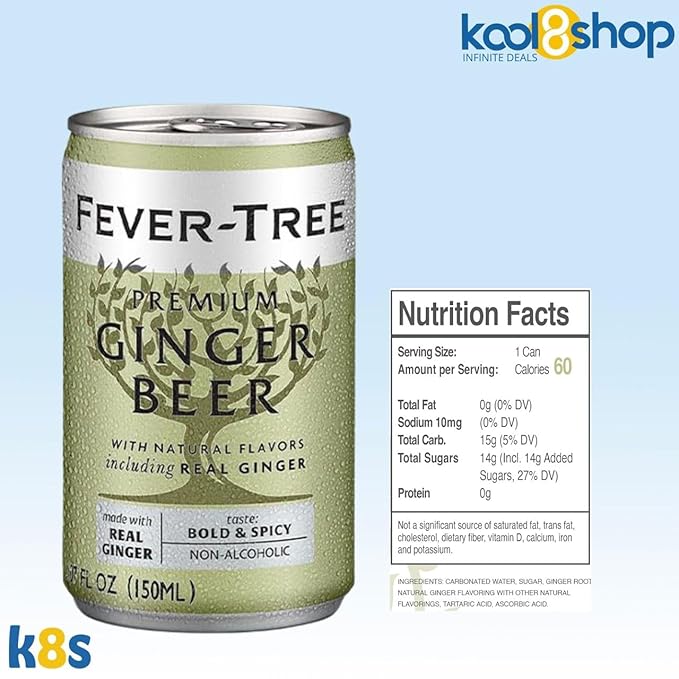 Fever-Tree Ginger Beer Premium Mixer 5.07 fl oz Aluminum Cans 24 Pack + 20 Plastic Stirrer Sticks by KOOL8SHOP Infinite Deals