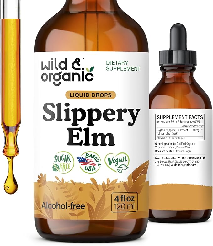 Wild &amp Organic Slippery Elm Liquid Drops - Lung Digestive &amp Women's Support - Slippery Elm Bark Supplement - Add to Tea Tincture - Ulmus Rubra Herb - Vegan Sugar &amp Alcohol-Free - 4 fl oz