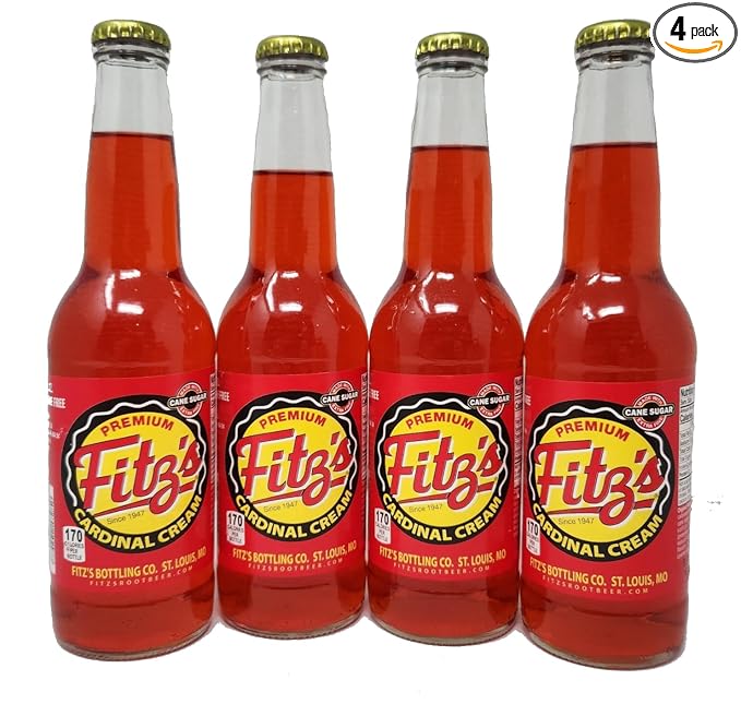 Premium Fitz's Soda Pop 12oz Glass Bottle Pack of 4 Soft Drink Fitz Fitzs (Red Cardinal Cream)