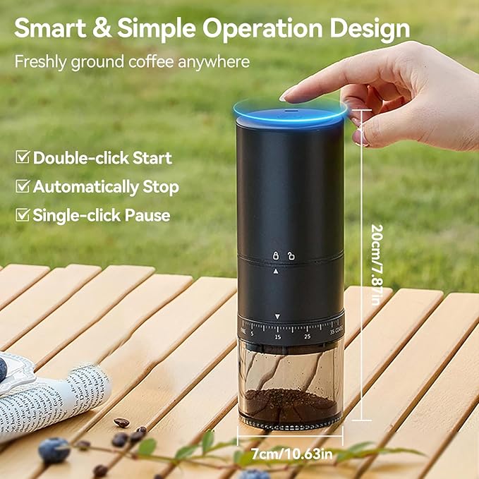Portable Electric Coffee Grinder - 38 Grind Settings Conical Burr &amp Black Stainless Steel Body Rechargeable Mill for Espresso Moka Pot Turkish Ideal for Camping and Travel