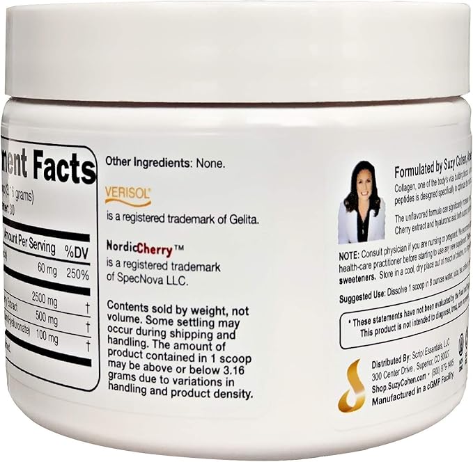 Collagen Beauty Powder™ By Suzy Cohen (3.3 oz) Anti Aging Hydrolyzed Protein Collagen Powder Type I and III for Supple Skin Shiny Hair &amp Strong Nails- Unflavored Powder Drink with Verisol- Made i