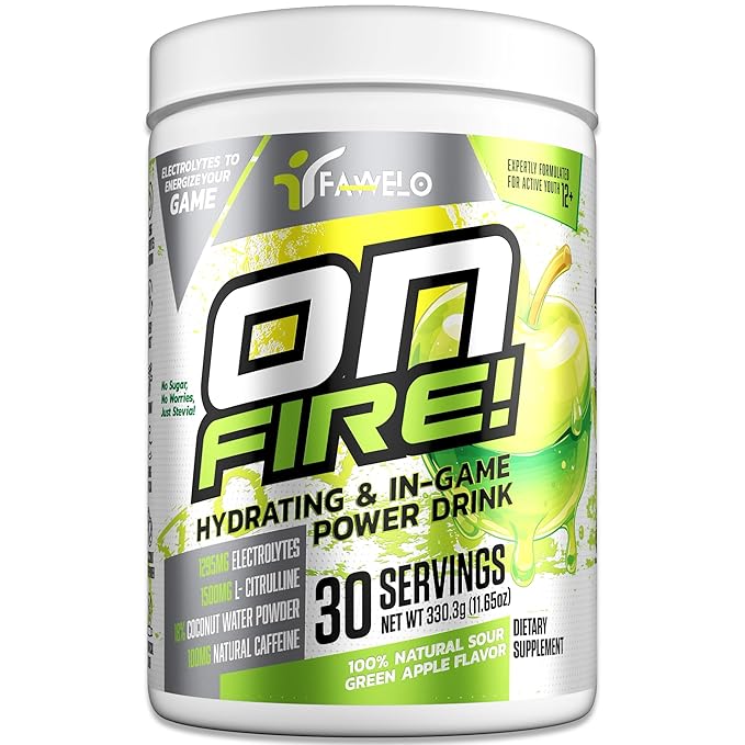 ON-FIRE Sport Drink for Kids – Electrolytes No Sugar | Instant Hydration Powder with Coconut Water BCAAs Green Tea &amp Stevia | Water Boy Hydration for Young Athletes 12+ | Green Apple Drink Mix |
