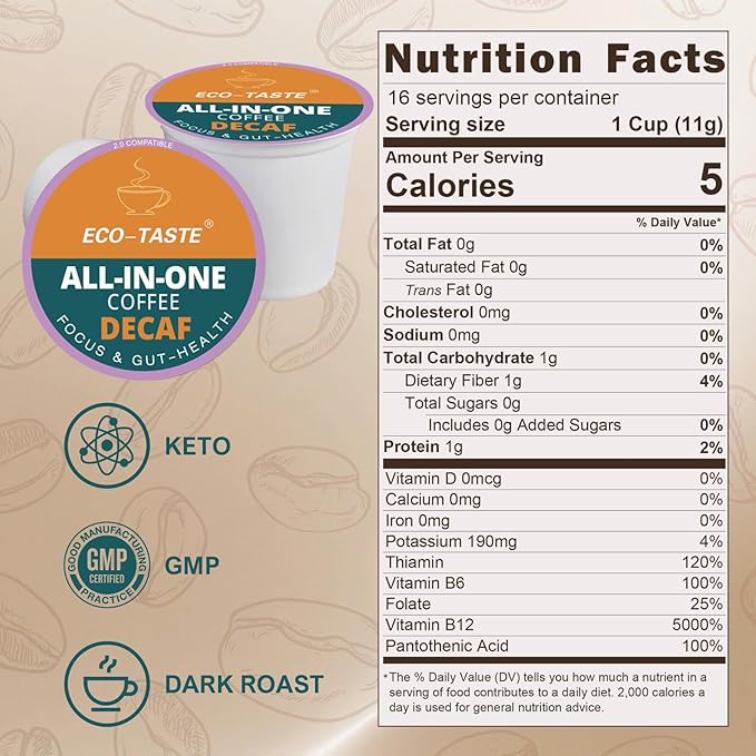 Decaf Mushroom Coffee K Cup – Focus &amp Gut-Health with 14-Mushrooms Vitamins L-Theanine and Alpha GPC Single Serve Pods - No Crash or Jitters 16 Count