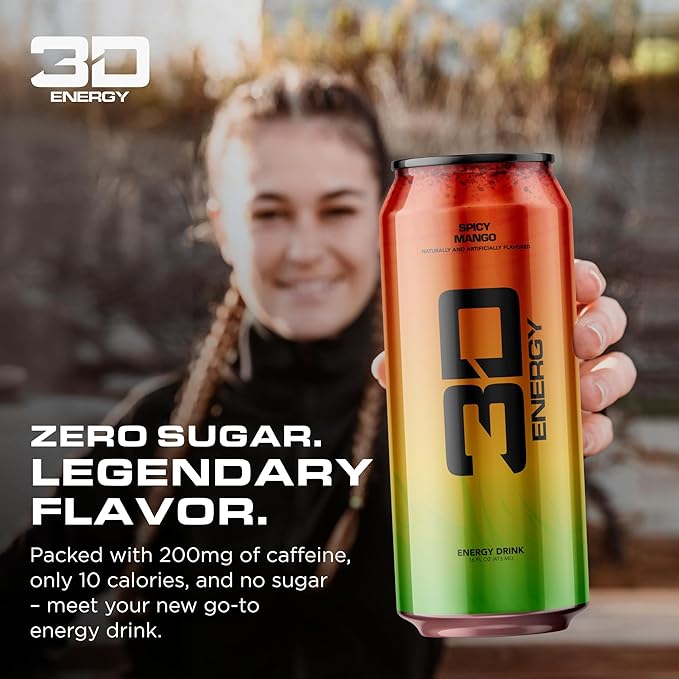 3D Sugar-Free Energy Drinks Spicy Mango - Clean Energy Drink with 200mg Caffeine Taurine &amp L-Carnitine - Pre Workout Fitness Drink for Gym Exercise &amp Everyday Performance