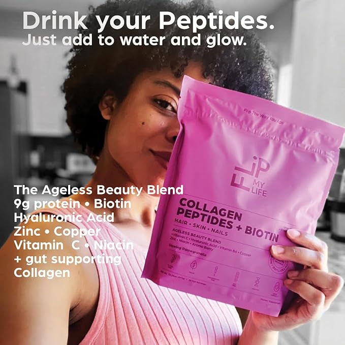 Flip My Life Collagen Peptides + Biotin Hyaluronic Acid &amp Vitamin C - For Hair Skin Nails - Gut Health/Joint Support - Ageless Beauty Blend Supplement Powder for Men/Women - 9g Protein—26 Servi