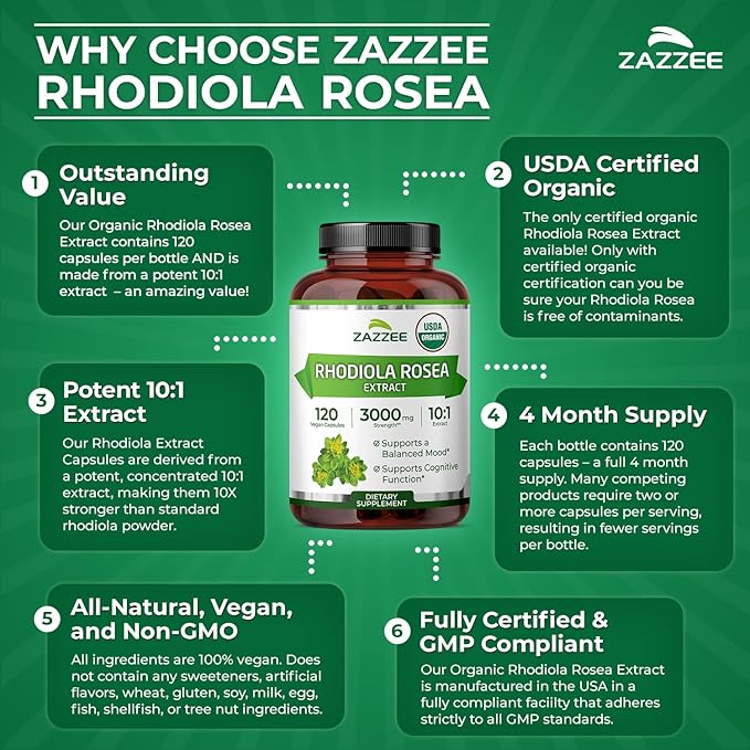 Zazzee USDA Organic Rhodiola 10:1 Extract 120 Capsules 4 Month Supply Rhodiola Rosea Energy Stress &amp Mental Focus Support Concentrated 10X Extract All-Natural Non-GMO Made in the USA