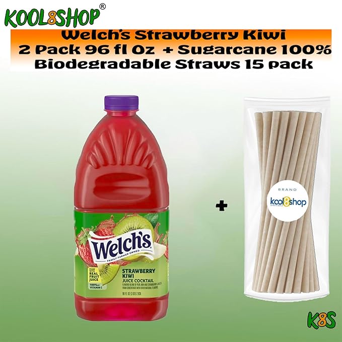 Welch's Strawberry Kiwi Juice Drink 96 fl oz Plastic Bottle 2 Pack + 15 Sugarcane Disposable Straws by KOOL8SHOP Infinite Deals