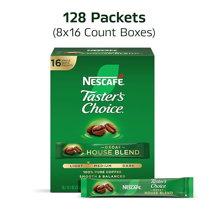 NESCAFÉ Taster's Choice Instant Coffee Packets Light Medium Roast Coffee Decaf House Blend 8 Boxes (128 Packets)