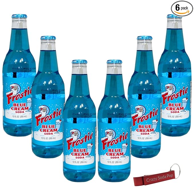 Frostie Blue Cream Soda | One of Frostie’s Popular Soda Flavors | Real Cane Sugar | Caffeine Free | 12 oz Glass Bottles with Crazy Soda Pop Bottle Opener (6 Pack)