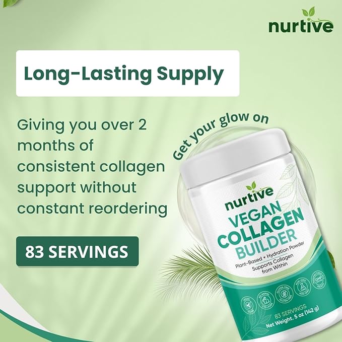 Vegan Collagen Builder Powder - 83 Servings - Gluten-Free Plant-Based Collagen Support with Hyaluronic Acid Amla Reishi Ashwagandha - Skin Hydration Hair &amp Nail Strength (5oz/142g)