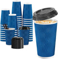 SIUQ 16 oz Coffee Cups-90 Pack Disposable Coffee Cups with Lids and Straws Insulated Ripple Wall To Go Paper Coffee Cup for Coffee Hot Chocolate and Hot Tea Drinks - Navy