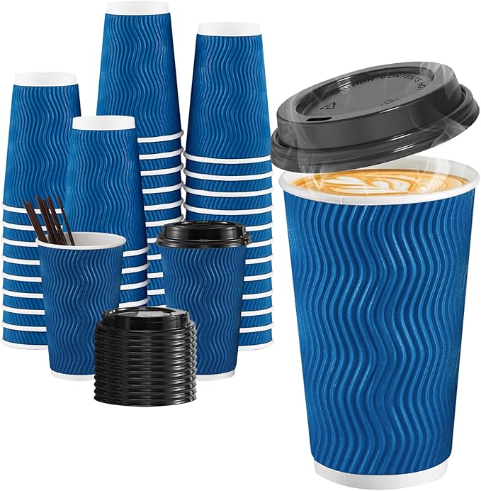 SIUQ 16 oz Coffee Cups-90 Pack Disposable Coffee Cups with Lids and Straws Insulated Ripple Wall To Go Paper Coffee Cup for Coffee Hot Chocolate and Hot Tea Drinks - Navy