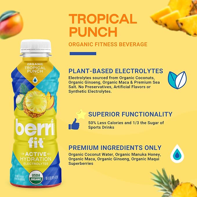 Berri Fit Hydration - Organic Tropical Fruit Flavor Natural Sports Drink - Plant-Based Electrolyte Beverage – Low Calorie Paleo Coconut Water Solution 16oz 12ct…