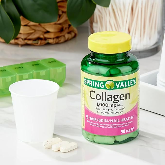 Collagen Type 1 &amp 3 Plus Vitamin C Hair Skin Nails Health Dietary Supplement Tablets 1000 mg 90 Count by Spring Valley (Pack of 1) + VSL Sticker
