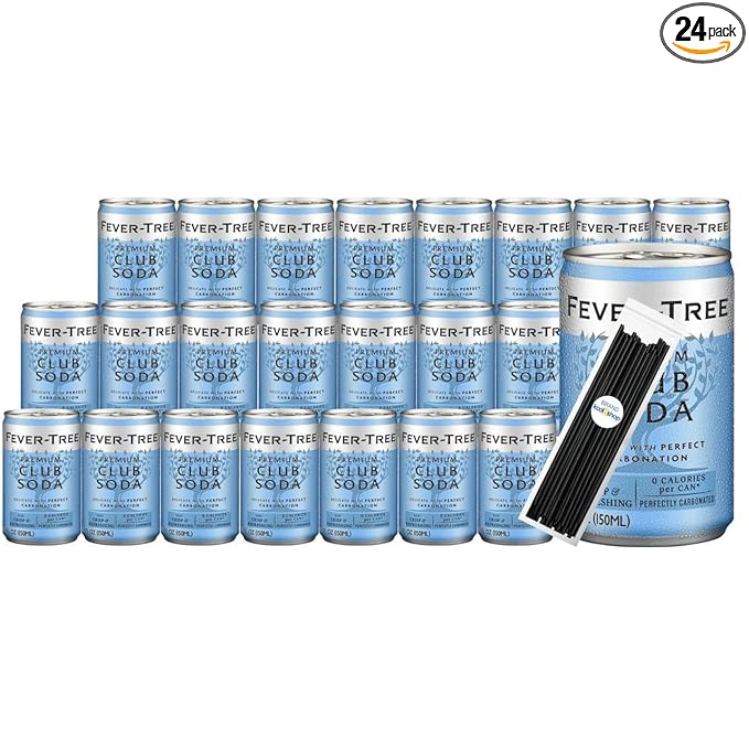 Fever-Tree Club Soda Premium Mixer 5.07 fl oz Aluminum Cans 24 Pack + 20 Plastic Stirrer Sticks by KOOL8SHOP Infinite Deals