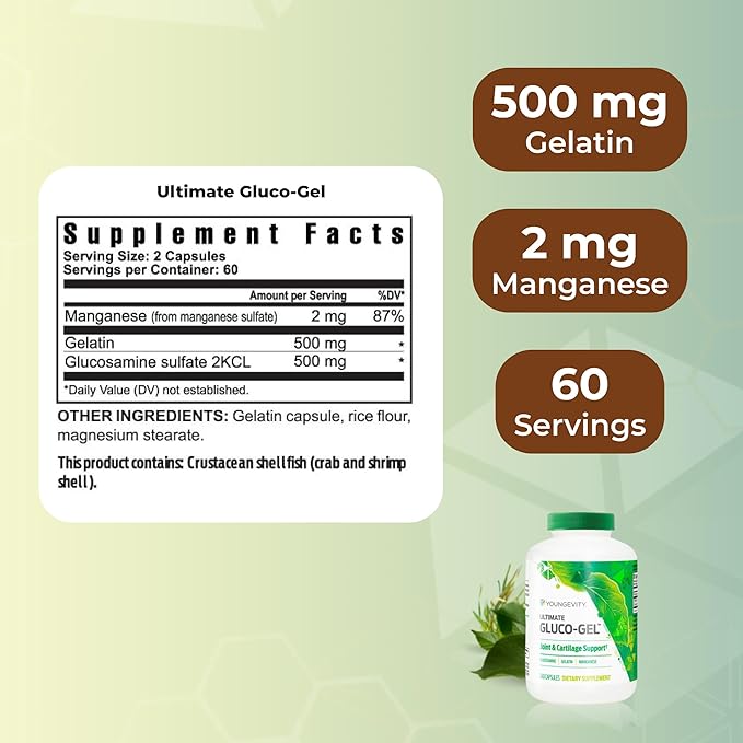 Youngevity Ultimate Gluco-Gel -for Tendons Bones &amp Cartilage | Contains Glucosamine Gelatin &amp Manganese | 240 Capsules | 2 Bottles