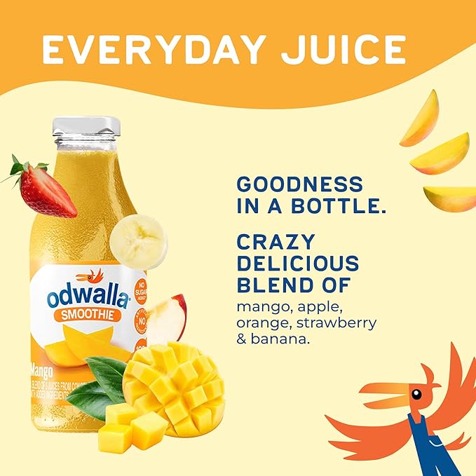 Odwalla Smoothie - Fruit Smoothie Mix Ready to Drink Juice Blend No Added Sugar No preservatives - 13.9 oz Glass Bottles - Mango