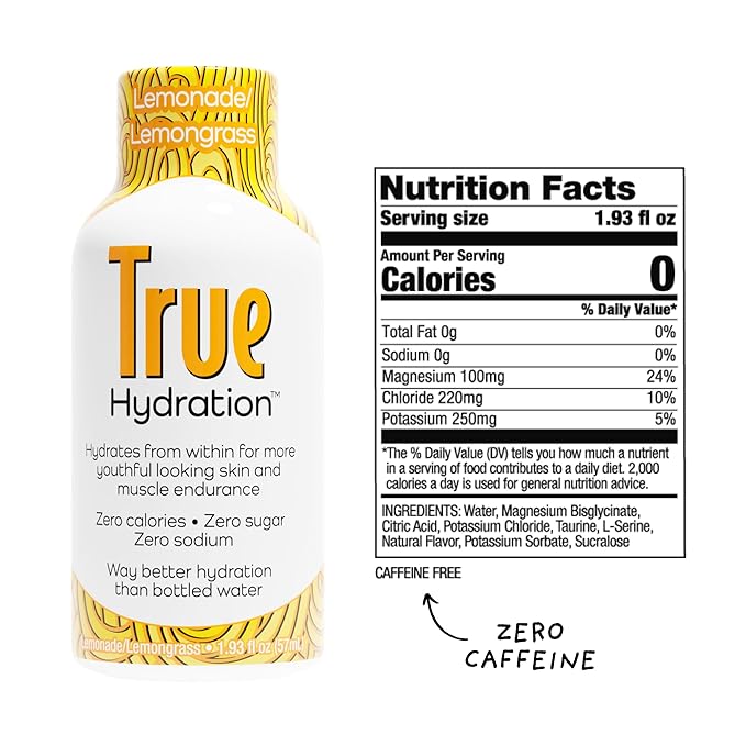 True Hydration Shots Lemonade Lemongrass Flavor – 12 Pack of 1.93 fl oz – Electrolytes – Amino Acids – Zero Sugar – Zero Sodium – Vegan – Gluten-Free Hydration