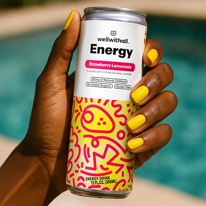 WellWithAll Strawberry Lemonade Energy Drink – Caffeine from Tea – With Vitamin C – Lightly Sparkling Beverage – Fruit &amp Veggie Juice Blend – 12 Oz (Pack of 12)