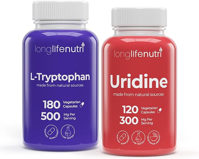 LongLifeNutri L-Tryptophan 500 mg &amp Uridine Monophosphate 300 mg Bundle – 180 Veg Caps + 120 Veg Caps 6 &amp 4-Month Supply Sleep &amp Mood + Focus Support Non-GMO Lab Tested Made in USA
