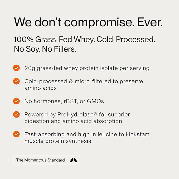 Momentous Essential Grass-Fed Whey Protein Powder – 20 g Whey Isolate Protein – NSF Certified for Sport – Gluten-Free – 25 Servings for Essential Everyday Use – Chocolate – Net WT 1.44 LB (655 g)