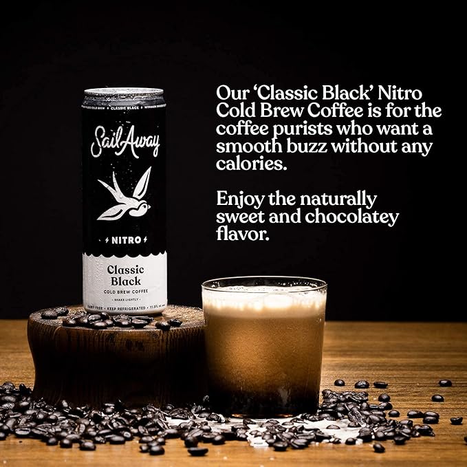 Sail Away Coffee Nitro Cold Brew Coffee Cans - Less Acidic Coffee Beverages | Draft Nitrogen Pour 220mg Caffeine Gluten Free Organic Keto Classic Black 6 Pack