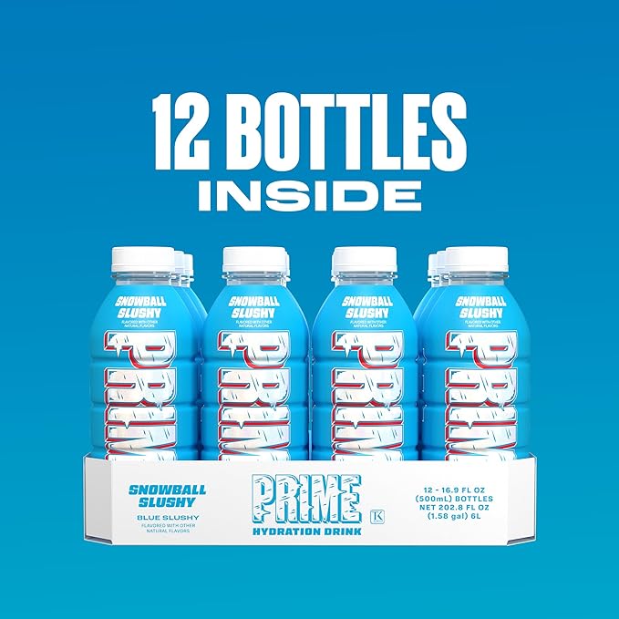 PRIME Hydration SNOWBALL SLUSHY Sports Drinks Electrolyte Enhanced for Replenishing Fluids 250mg BCAAs B Vitamins Antioxidants Low Sugar 16.9 Fl Oz 12 Pack