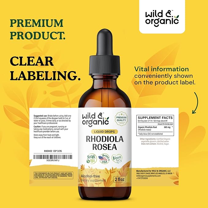 Wild &amp Organic Rhodiola Rosea Tincture - Mood Support - Relaxing Rhodiola Supplement - Root Extract Liquid Drops - Vegan Sugar &amp Alcohol-Free - 2 fl oz