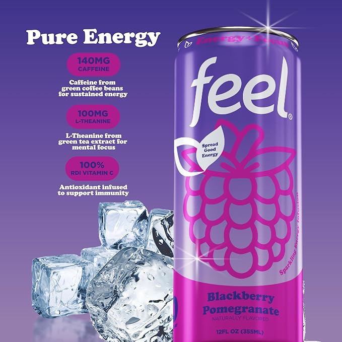 FEEL Zero Sugar Natural Energy Drink – Blackberry Pomegranate 140mg Plant-Based Caffeine with L-Theanine for Focus Vitamin C for Immunity Vegan Non-GMO No Artificial Sweeteners 12 Fl Oz Cans (12