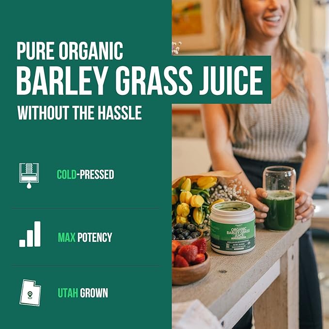 Organic Barley Grass Juice Powder - Grown in Volcanic Soil of Utah - Raw &amp BioActive Form Cold-Pressed then CO2 Dried – Gluten Free GMO free Vegan - Complements Wheatgrass Juice Powder - 5.3 oz