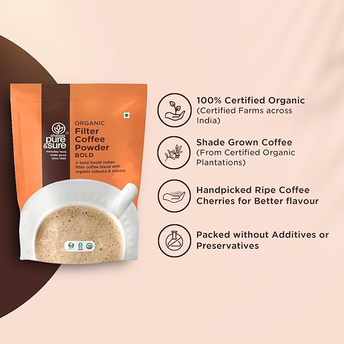 Pure &amp Sure Bold Organic Coffee Powder | Natural Ground Coffee Medium Roast | Robusta Coffee with Chicory | Ready to Use No Preservative Non-GMO | 200gm