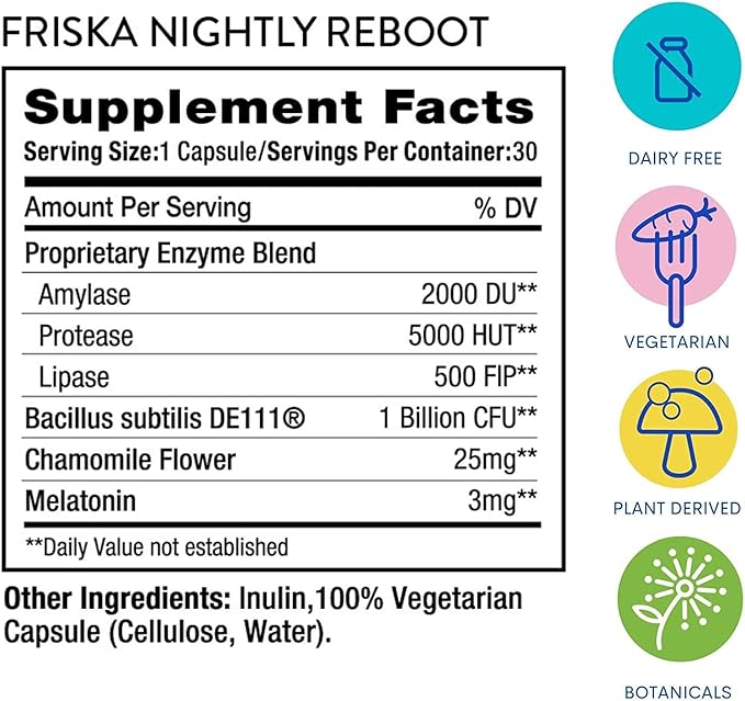 Friska Nightly Reboot - Nighttime Digestive Enzymes Probiotic for Gut Balance &amp Bloating Support with Melatonin &amp Chamomile to Promote Relaxation &amp Sleep 90 Capsules