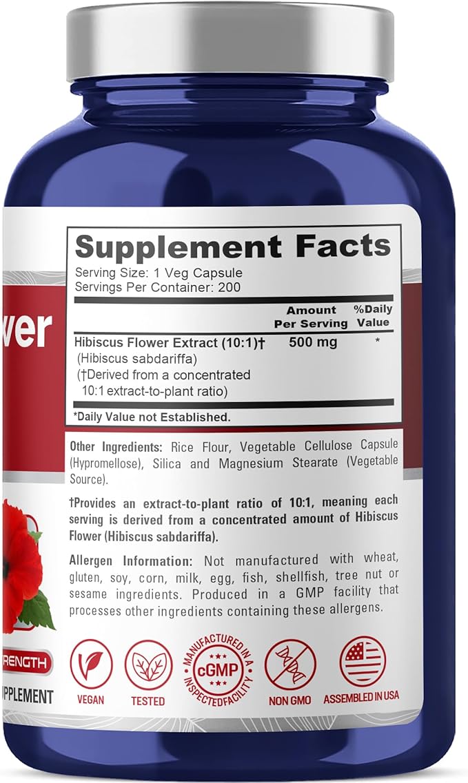 NusaPure Hibiscus Flower Capsules 500 mg 200 Veg Capsules (Non-GMO Vegan)