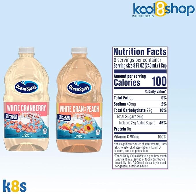 Ocean Spray White Cran Peach and White Cranberry Juice Drink 64 fl oz Plastic Bottles 4 Pack + 15 Sugarcane Disposable Straws by KOOL8SHOP Infinite Deals