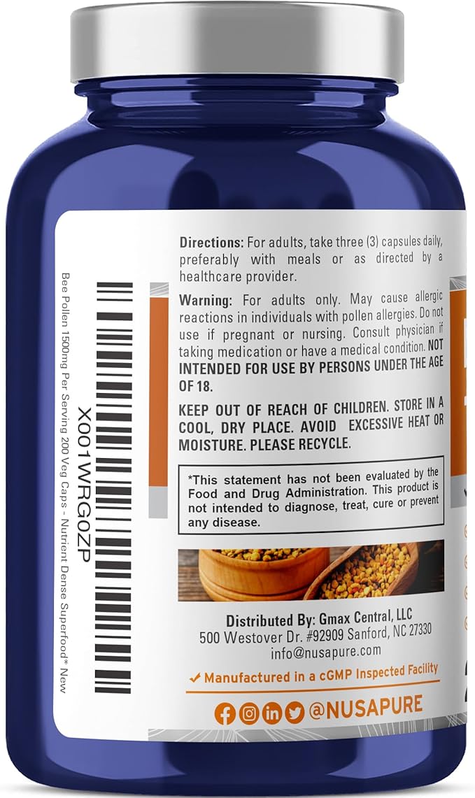 NusaPure Bee Pollen 1500mg 200 Veggie Caps (100% Vegetarian Non-GMO Vegan) Naturally Occurring Proteins Aminoacids