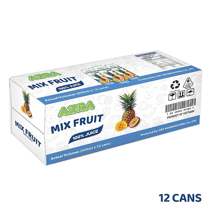 AZRA 100% Mix Fruit Juice – 500ml Canned Drinks Healthy Beverages Variety Pack – Zero Sugar Juice Fruit Punch for Kids and Adults – Bulk 100% Juice Pack 12 Count